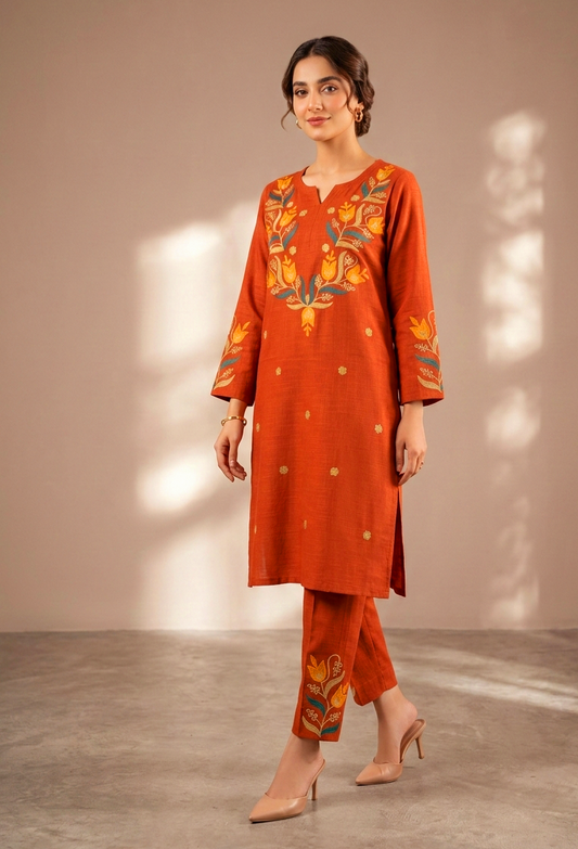 Vibrant Terracotta Tulip Aari Work Kurta & Pant Set