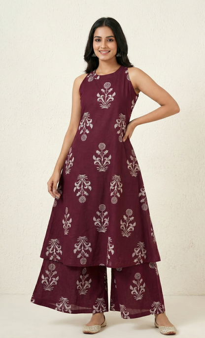 Wine Red Floral Block Print Sleeveless A-Line Kurta Set