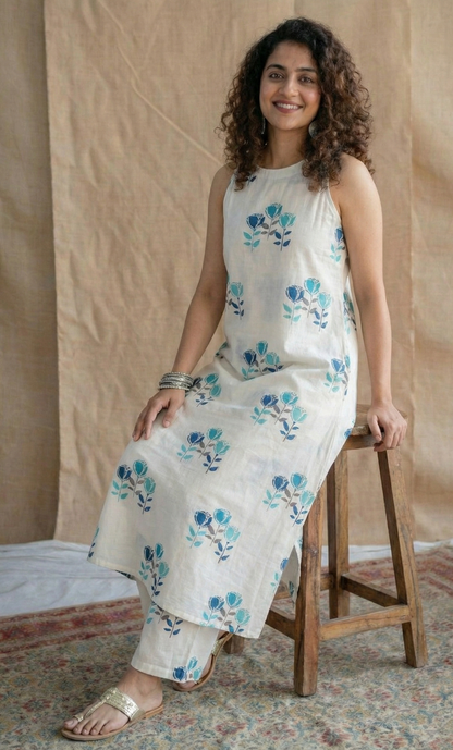Elegant White & Blue Floral Block Print Sleeveless Kurta Set