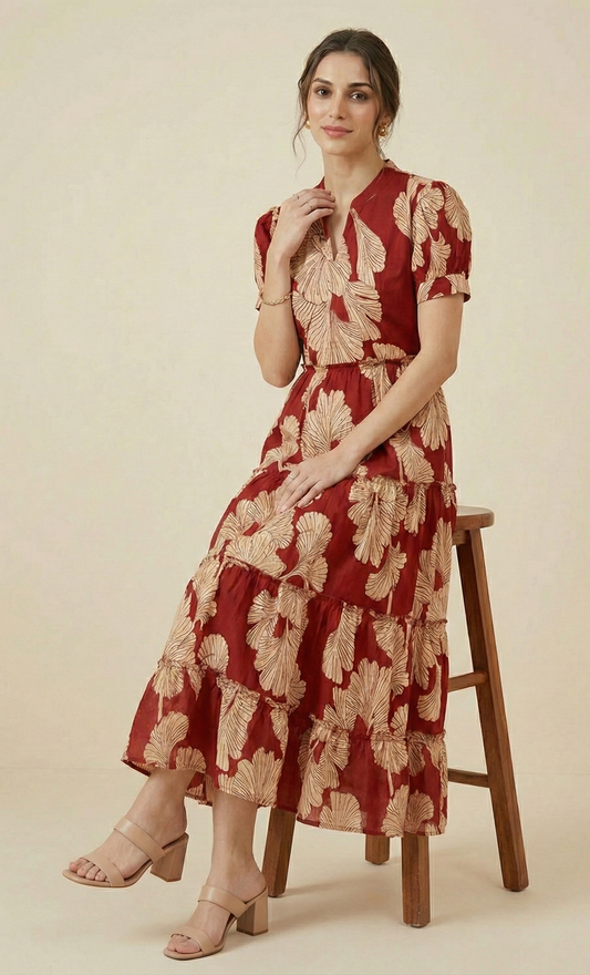 Women's Maroon & Cream Botanical Leaf Print Tiered Cotton Midi Dress with Puff Sleeves
