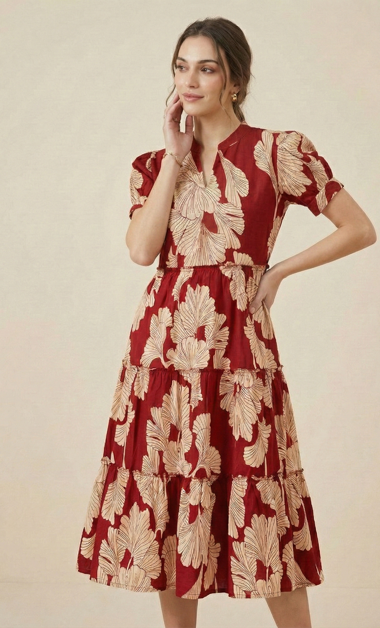 Women's Maroon & Cream Botanical Leaf Print Tiered Cotton Midi Dress with Puff Sleeves