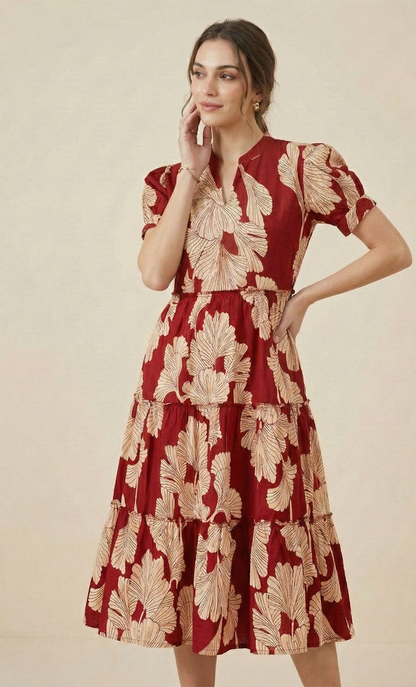 Women's Maroon & Cream Botanical Leaf Print Tiered Cotton Midi Dress with Puff Sleeves