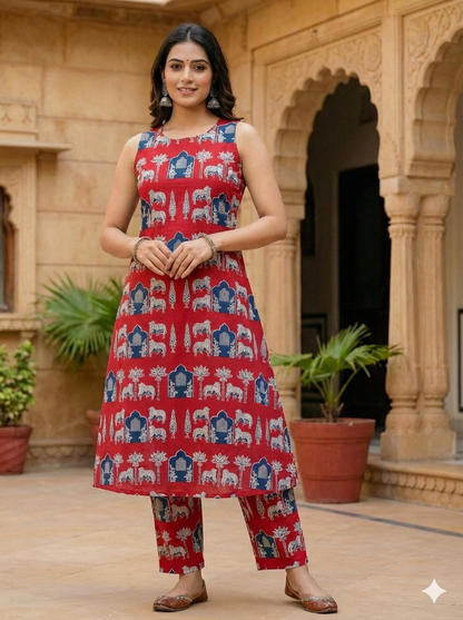 Women's Red Sleeveless Ethnic Elephant Print Kurta with Pant Set