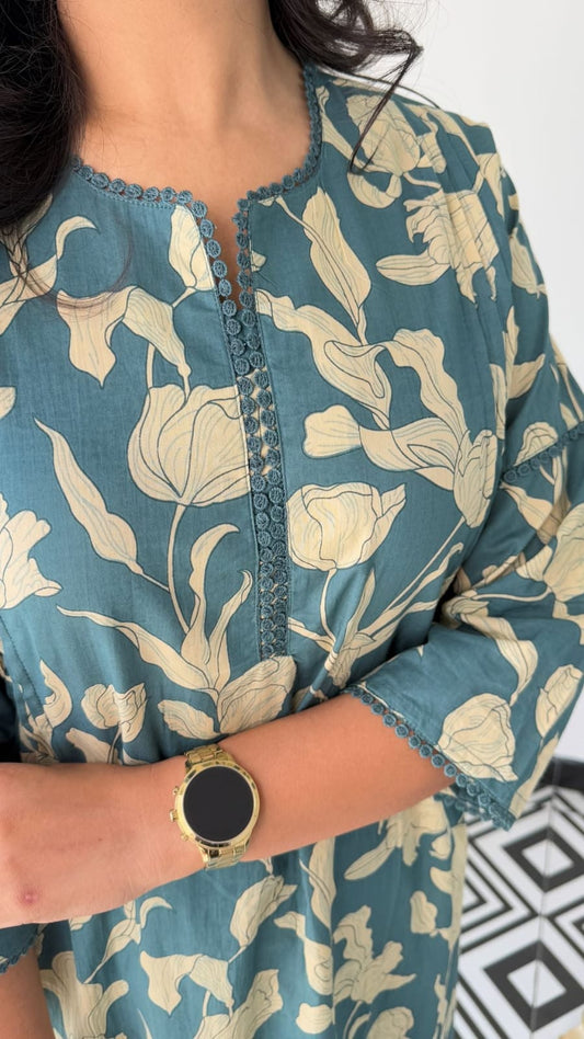 Women's Petrol Blue Floral Vine Print Kurta Pant Set with Lace Detail