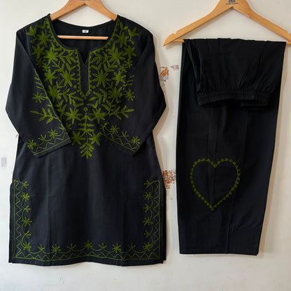 Black & Neon Green Embroidered Cotton Short Kurti with Farshi Salwar Set