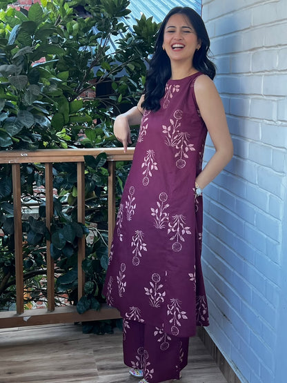 Wine & Whimsy: Maroon Floral Block Print Sleeveless Kurta Set
