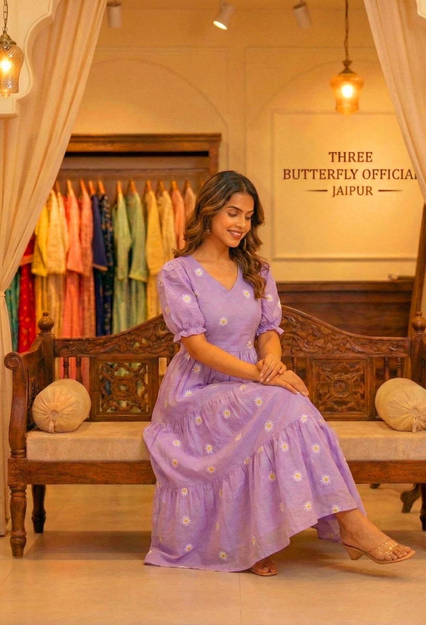 Lavender Daisy Embroidered V-Neck Tiered Midi Dress with Puff Sleeves