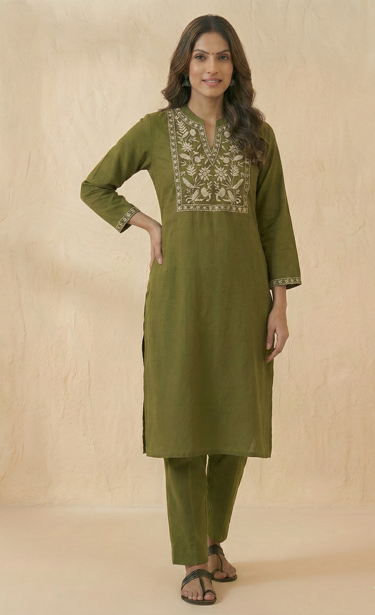 Chic Olive Textured Cotton Blend Kurta Set with Zari Embroidery