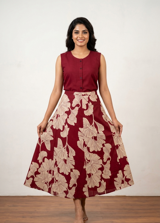 Elegance in Print: Maroon Gingko Leaf Midi Dress