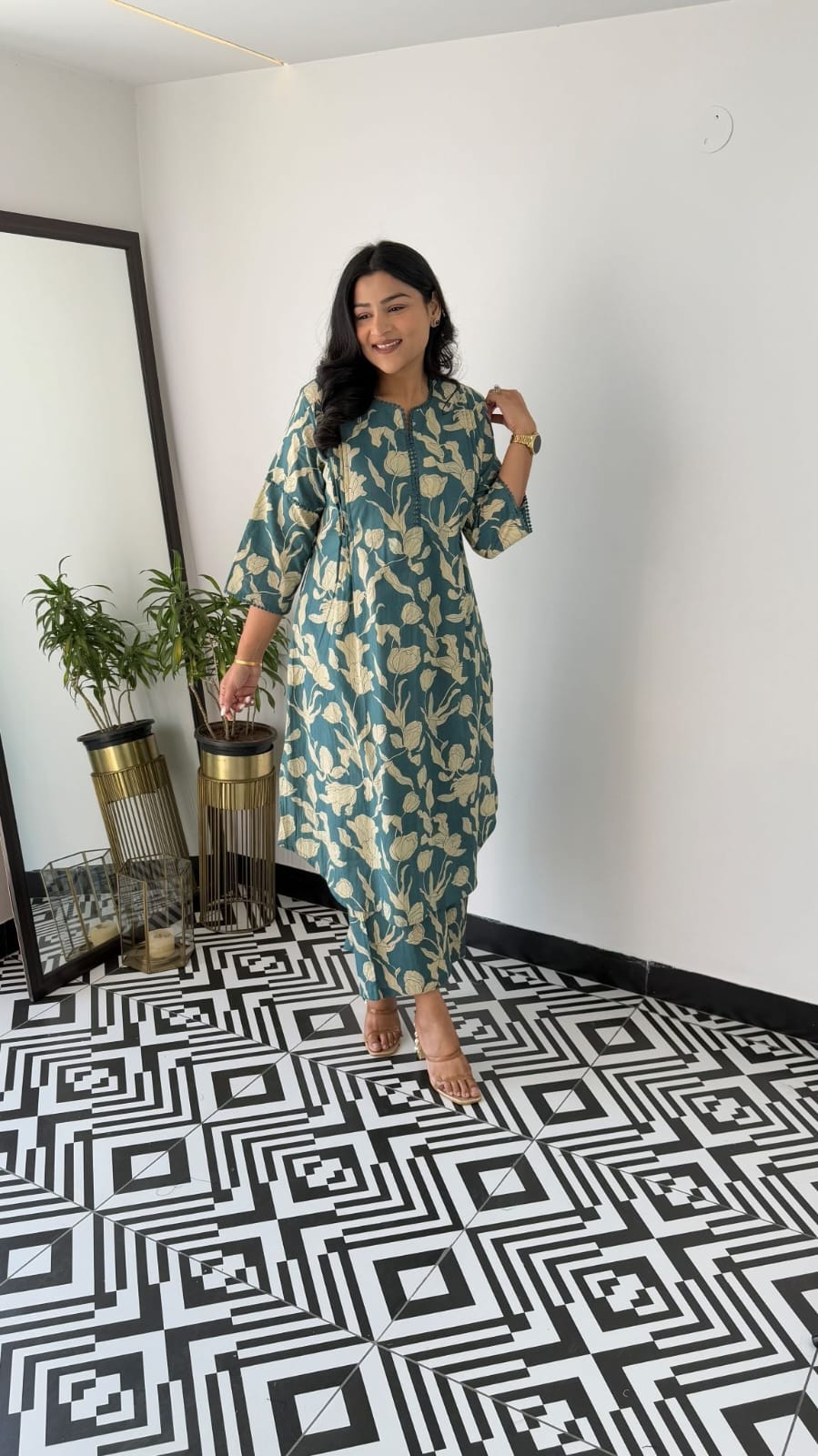 Women's Petrol Blue Floral Vine Print Kurta Pant Set with Lace Detail