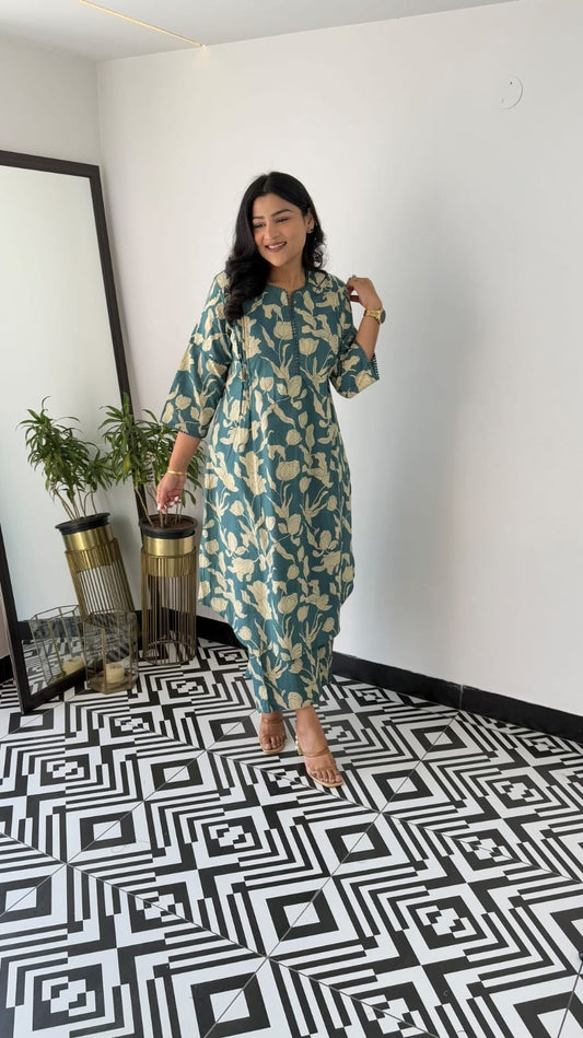 Women's Petrol Blue Floral Vine Print Kurta Pant Set with Lace Detail