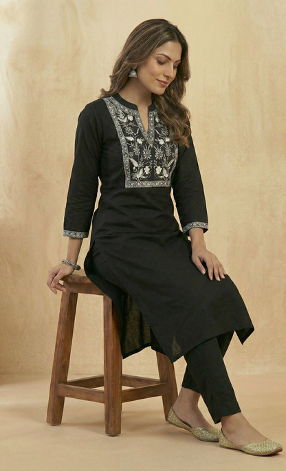 Midnight Noir: Black Straight Kurti Set with White Thread Embroidery