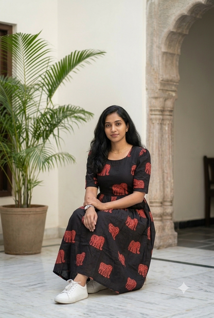 Jaipuri Elephant Block-Print Midi Gown in Classic Black and Crimson