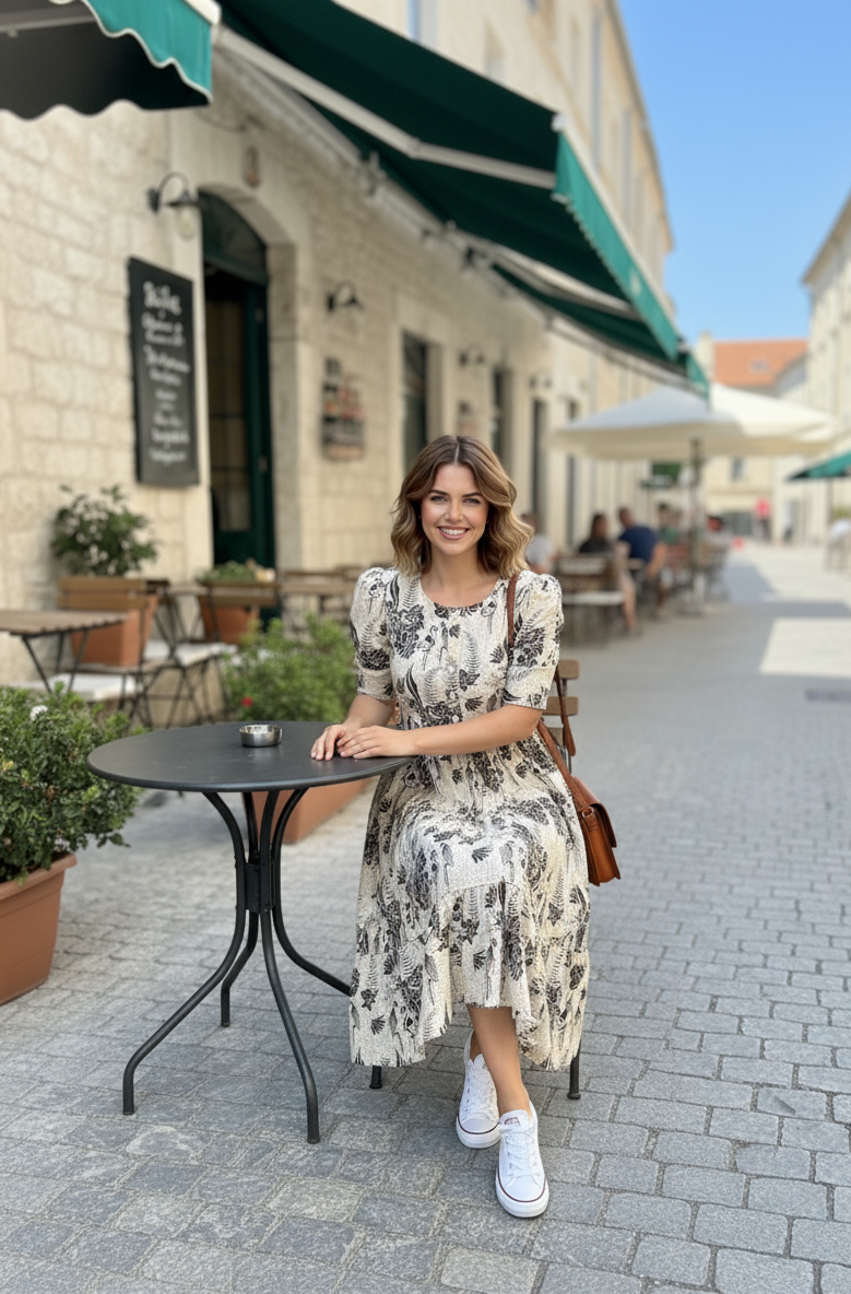 European Summer Printed Tiered Midi Dress