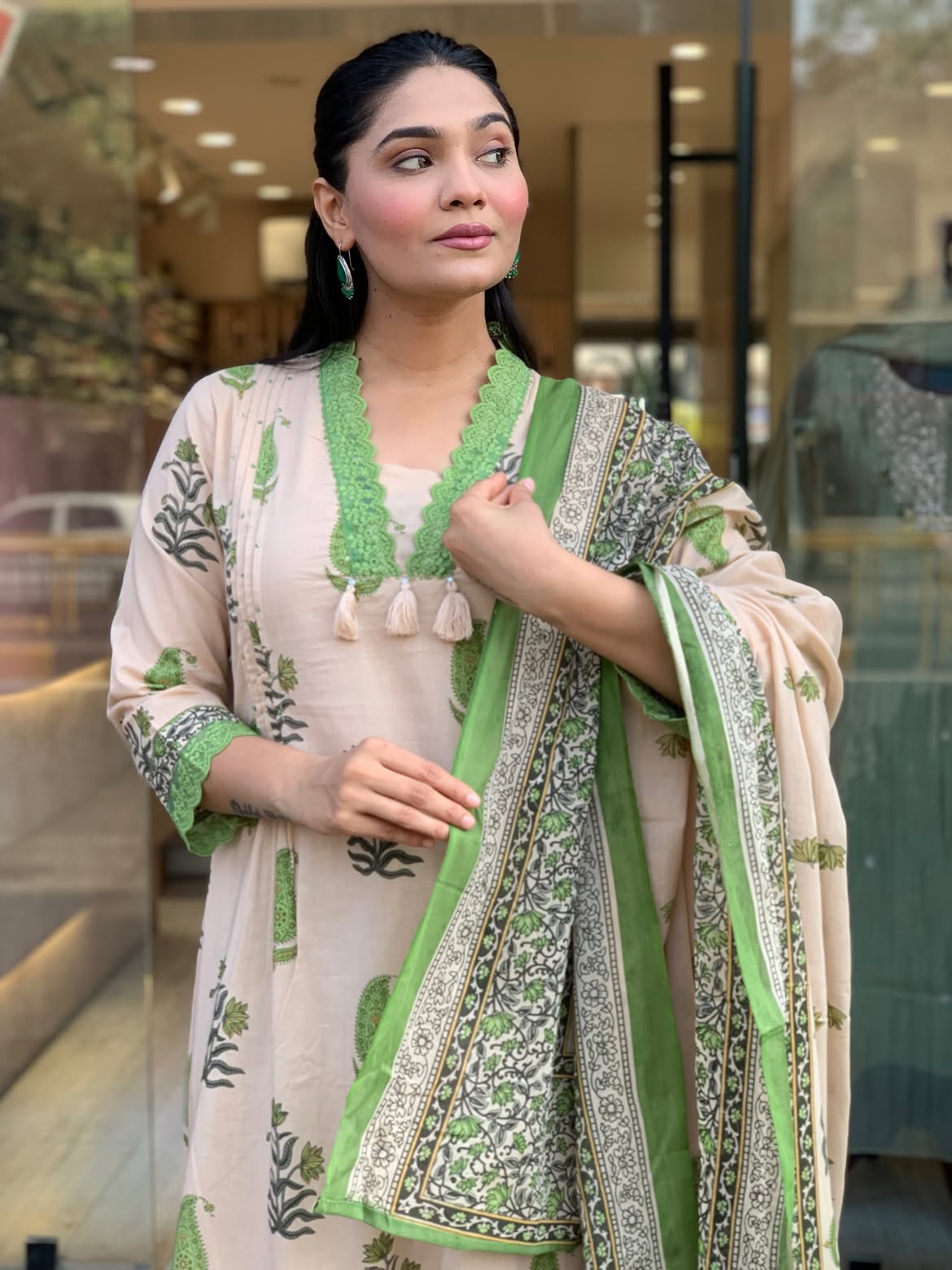 Beige & Lime Green Paisley Printed Kurta Set with Printed Palazzo and Dupatta