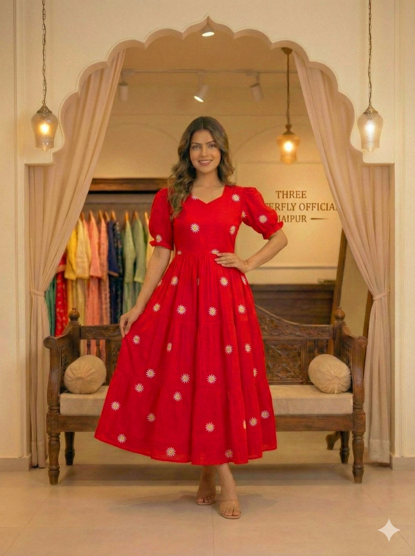 Red Daisy Embroidered Cotton Tiered Midi Dress with Puff Sleeves