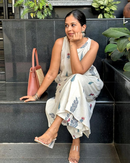 Summer Breeze: Off-White Floral Block Print Kurta Set