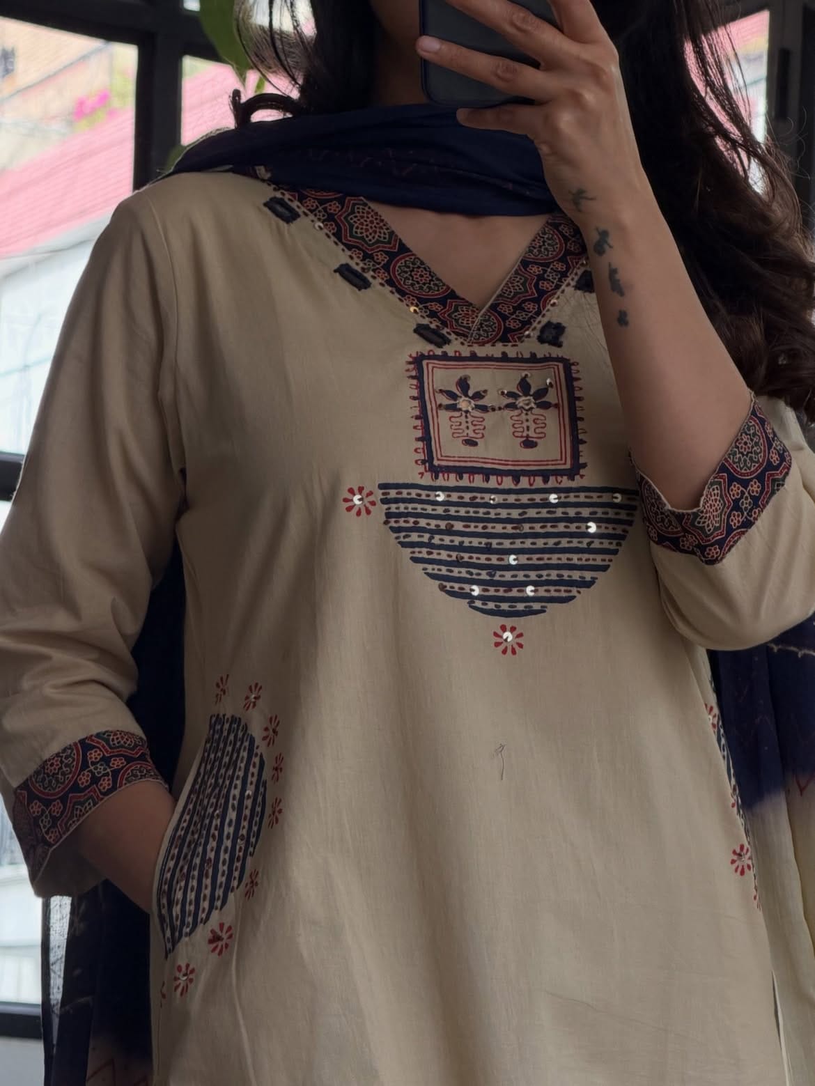 Beige Embroidered Straight Kurta with Printed Palazzo & Dupatta Set