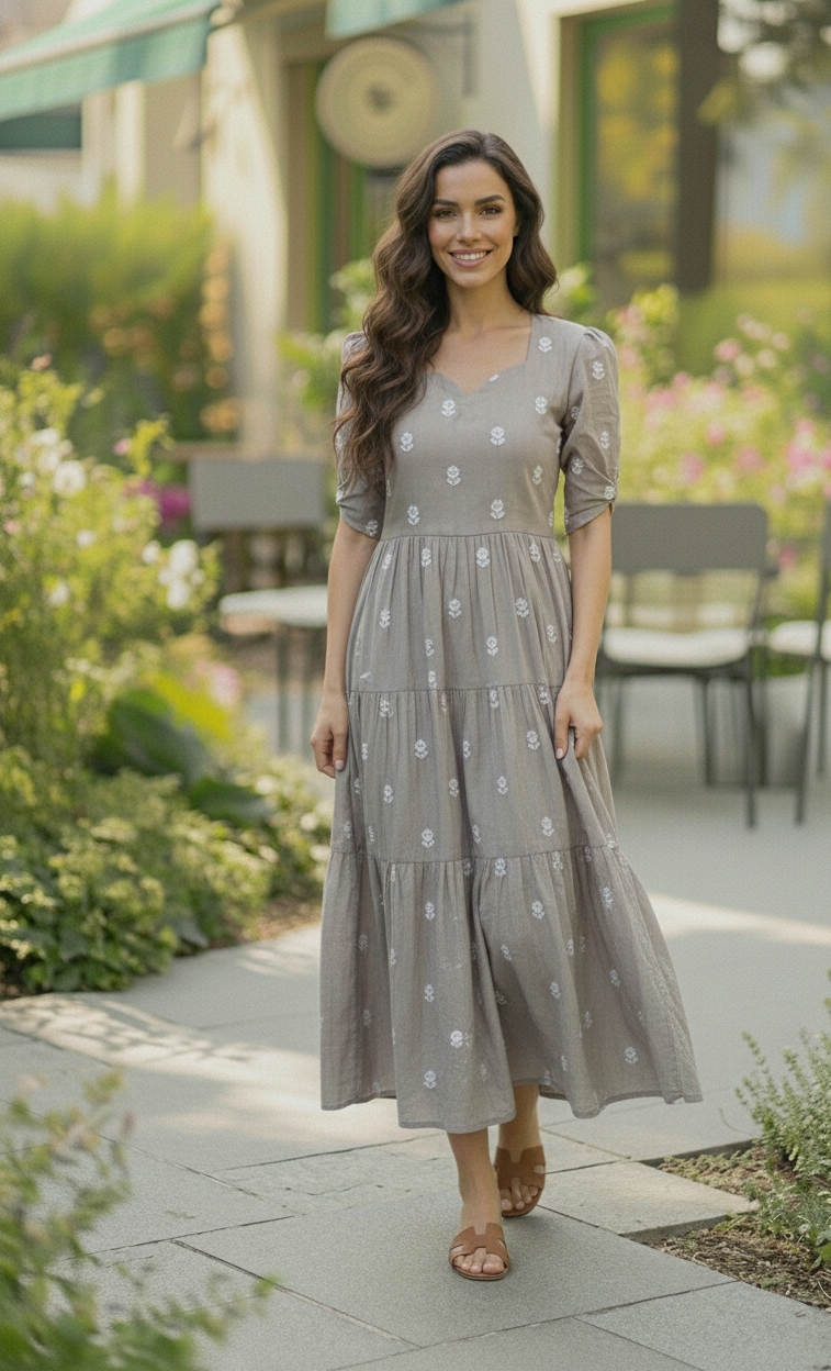 Elegant Grey Tiered Maxi Dress with White Floral Embroidery & Puff Sleeves
