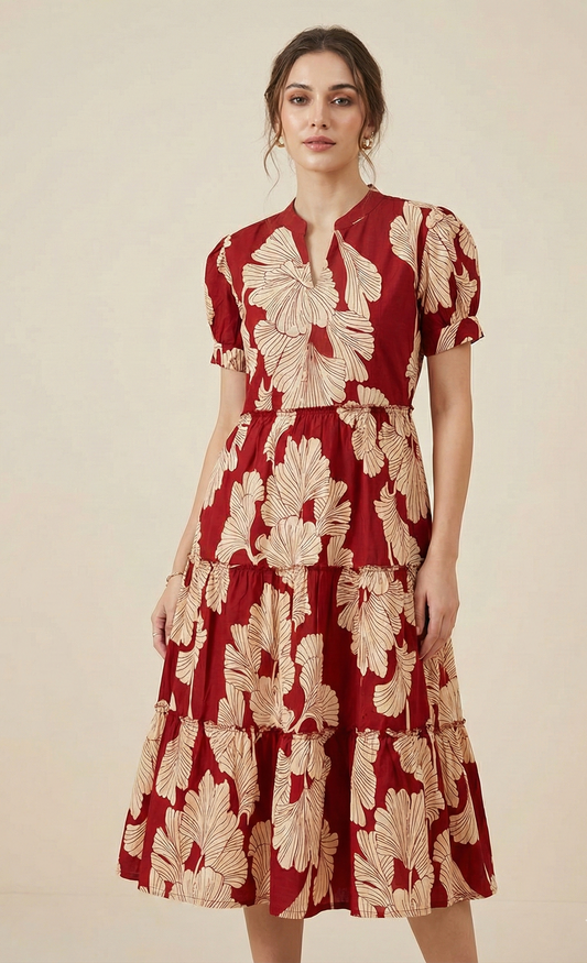 Women's Maroon & Cream Botanical Leaf Print Tiered Cotton Midi Dress with Puff Sleeves