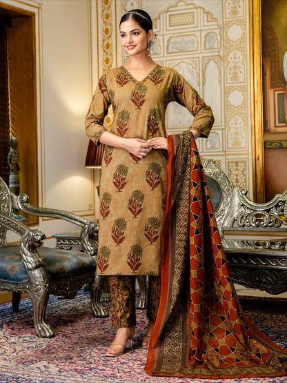 Traditional Mustard and Rust Floral Block Print Kurta Set