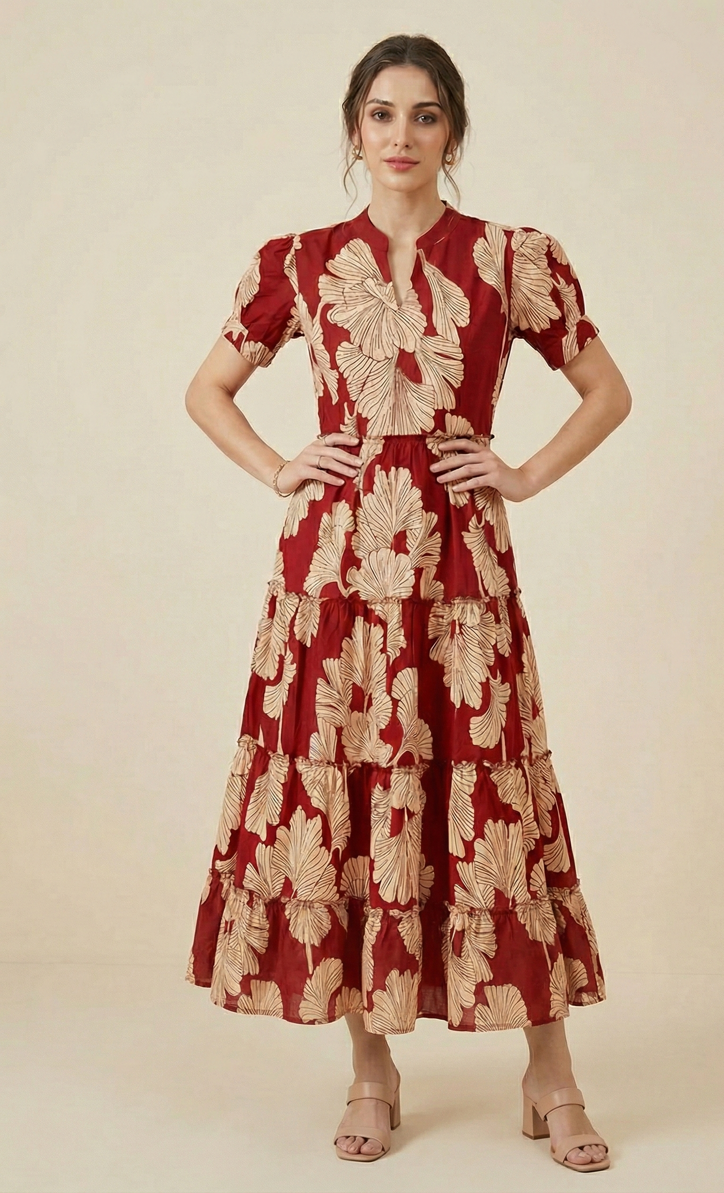 Women's Maroon & Cream Botanical Leaf Print Tiered Cotton Midi Dress with Puff Sleeves