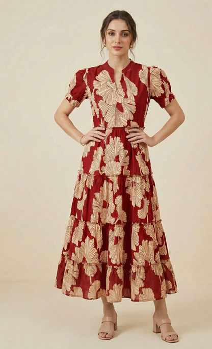 Women's Maroon & Cream Botanical Leaf Print Tiered Cotton Midi Dress with Puff Sleeves