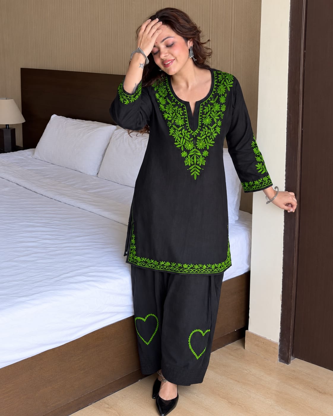 Black & Neon Green Embroidered Cotton Short Kurti with Farshi Salwar Set