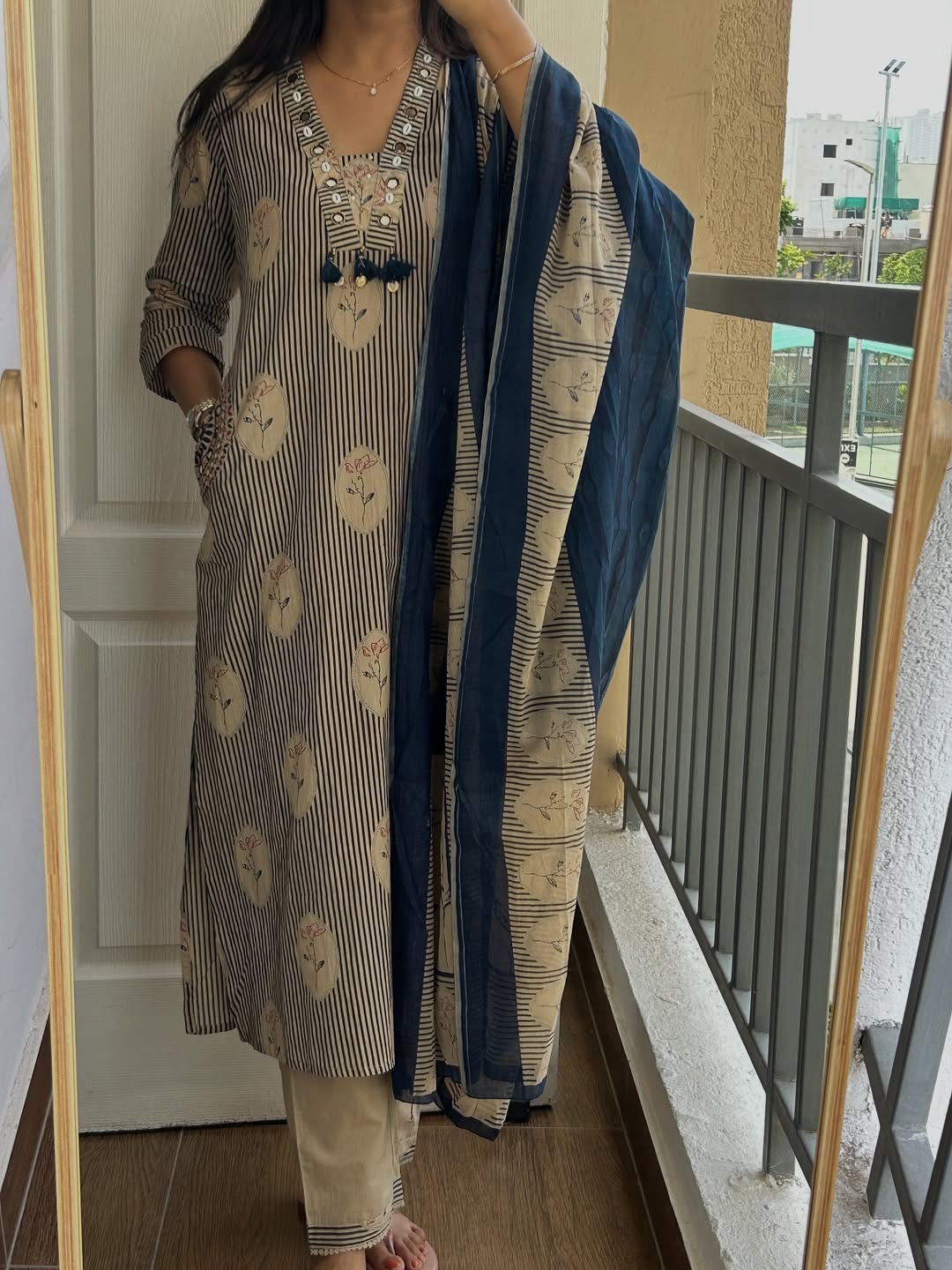 Elegant Beige Striped Kurta Set with Deep Blue Dupatta