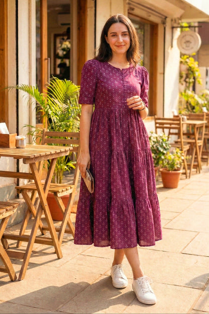 Women's Wine Cotton Tiered Dress with All-Over Floral Motif