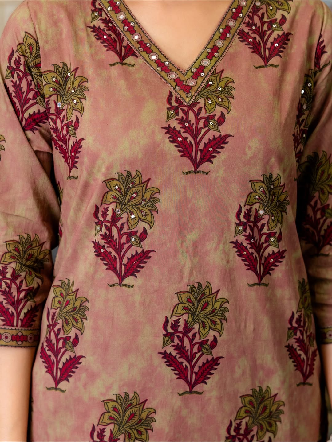 Elegant Mauve and Maroon Floral Block Print Kurta Set