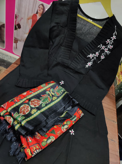 Elegant Noir: Black Straight-Cut Kurta Set with Floral Embroidery & Artisan Red Dupatta