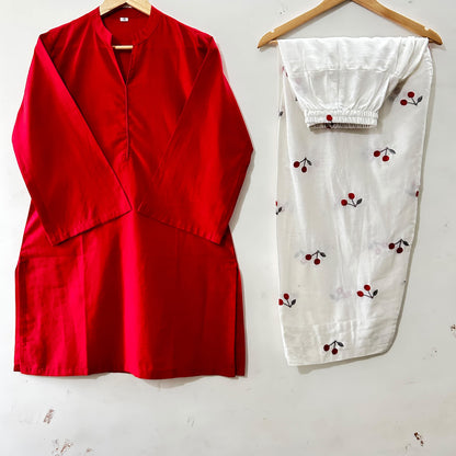 Classic Red Straight Kurti Paired with Embroidered Cherry-Motif Farshi Salwar Pants