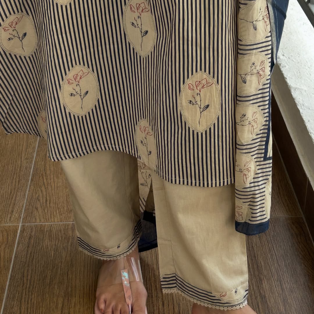 Elegant Beige Striped Kurta Set with Deep Blue Dupatta