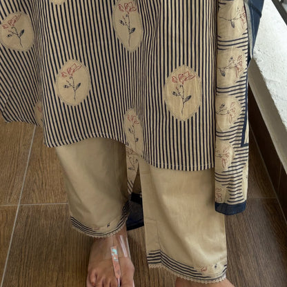 Elegant Beige Striped Kurta Set with Deep Blue Dupatta