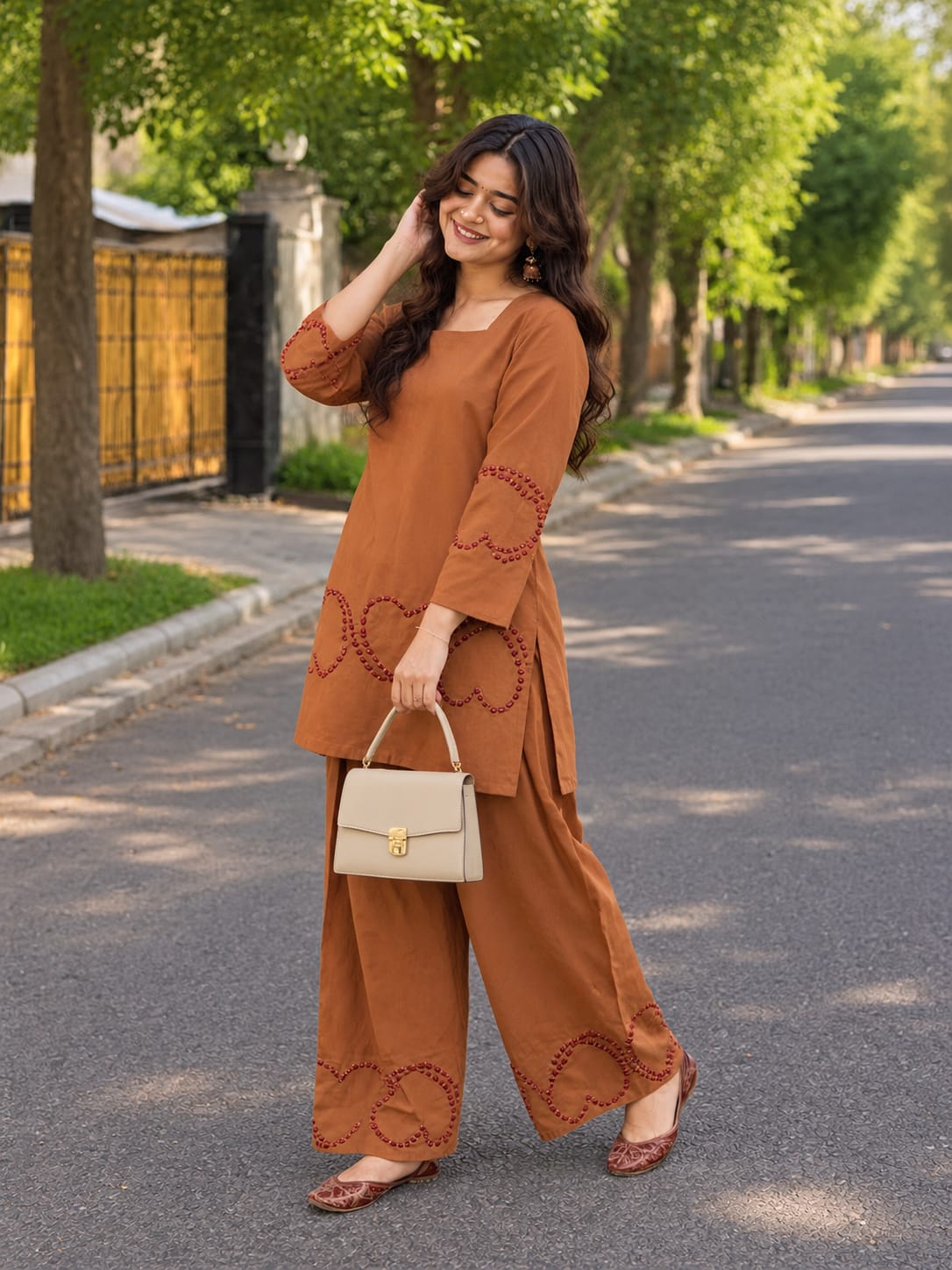 Rust Brown Heart Embroidered Cotton Short Kurti with Farshi Salwar Set