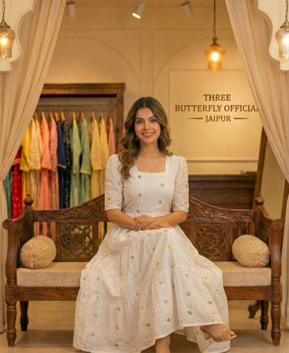 Elegant White Floral Embroidered Square Neck Tiered Midi Dress