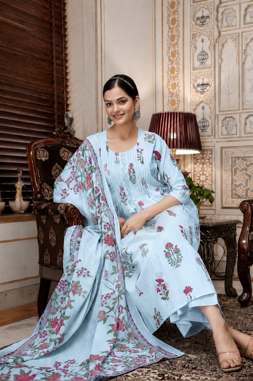 Sky Blue Floral Printed Cotton Kurta Set with Pant and Matching Dupatta