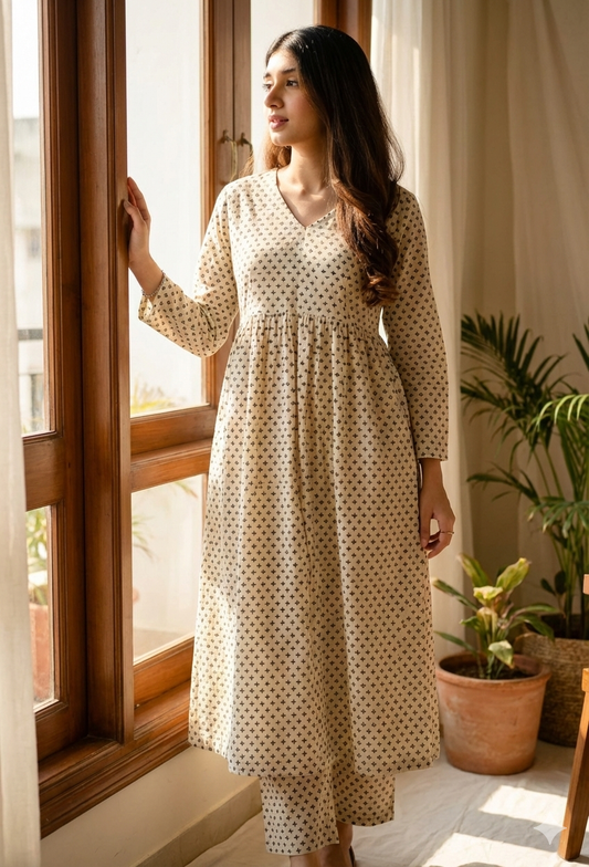 The Breezy Beige Set: Printed Kurta-Pant Duo