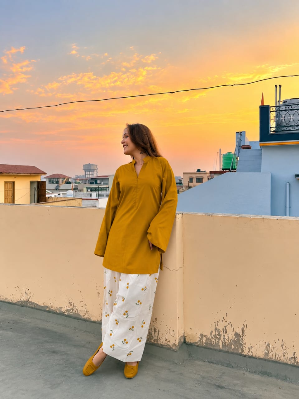 Mustard Yellow Straight-Cut Kurti with Embroidered Floral Palazzo Trousers