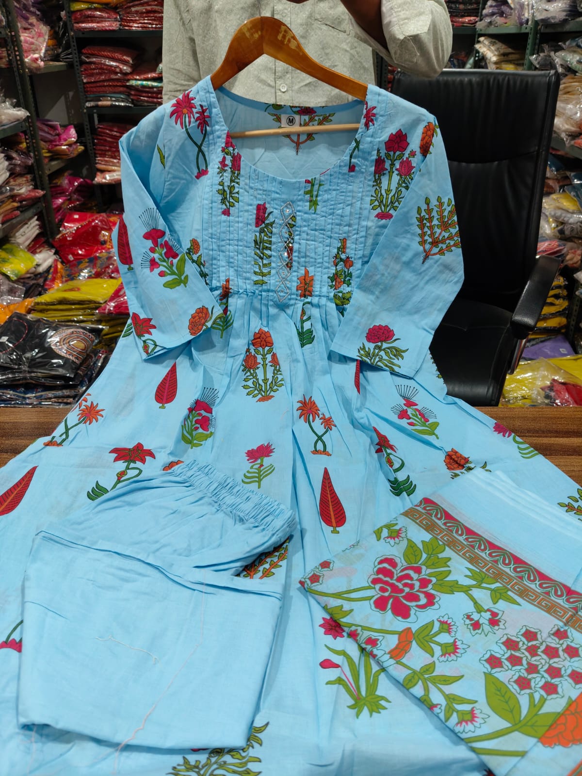 Sky Blue Floral Printed Cotton Kurta Set with Pant and Matching Dupatta