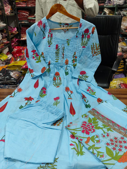 Sky Blue Floral Printed Cotton Kurta Set with Pant and Matching Dupatta