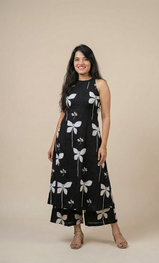 Elegant Black Butterfly Print Sleeveless Kurta and Palazzo Set