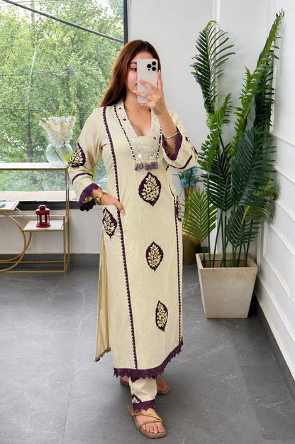 Sophisticated Beige and Plum Purple Block Print Kurta Set