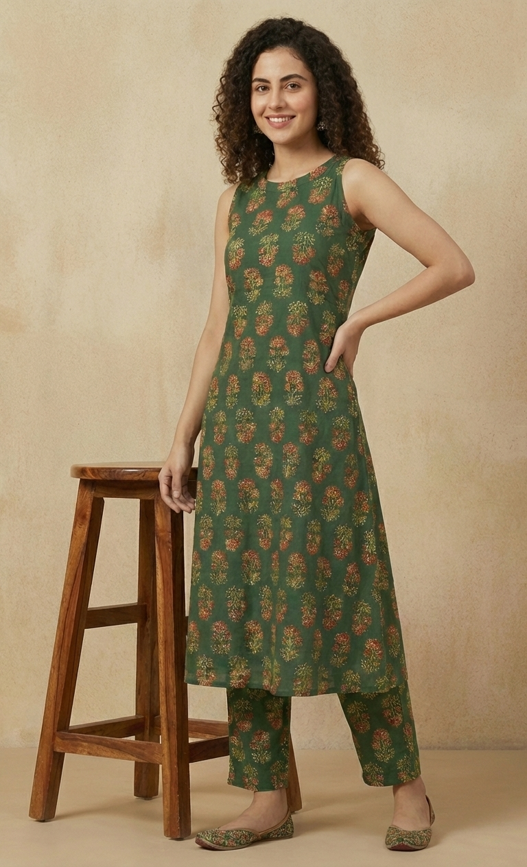 Deep Green Floral Block Print Sleeveless Kurta and Pant Set
