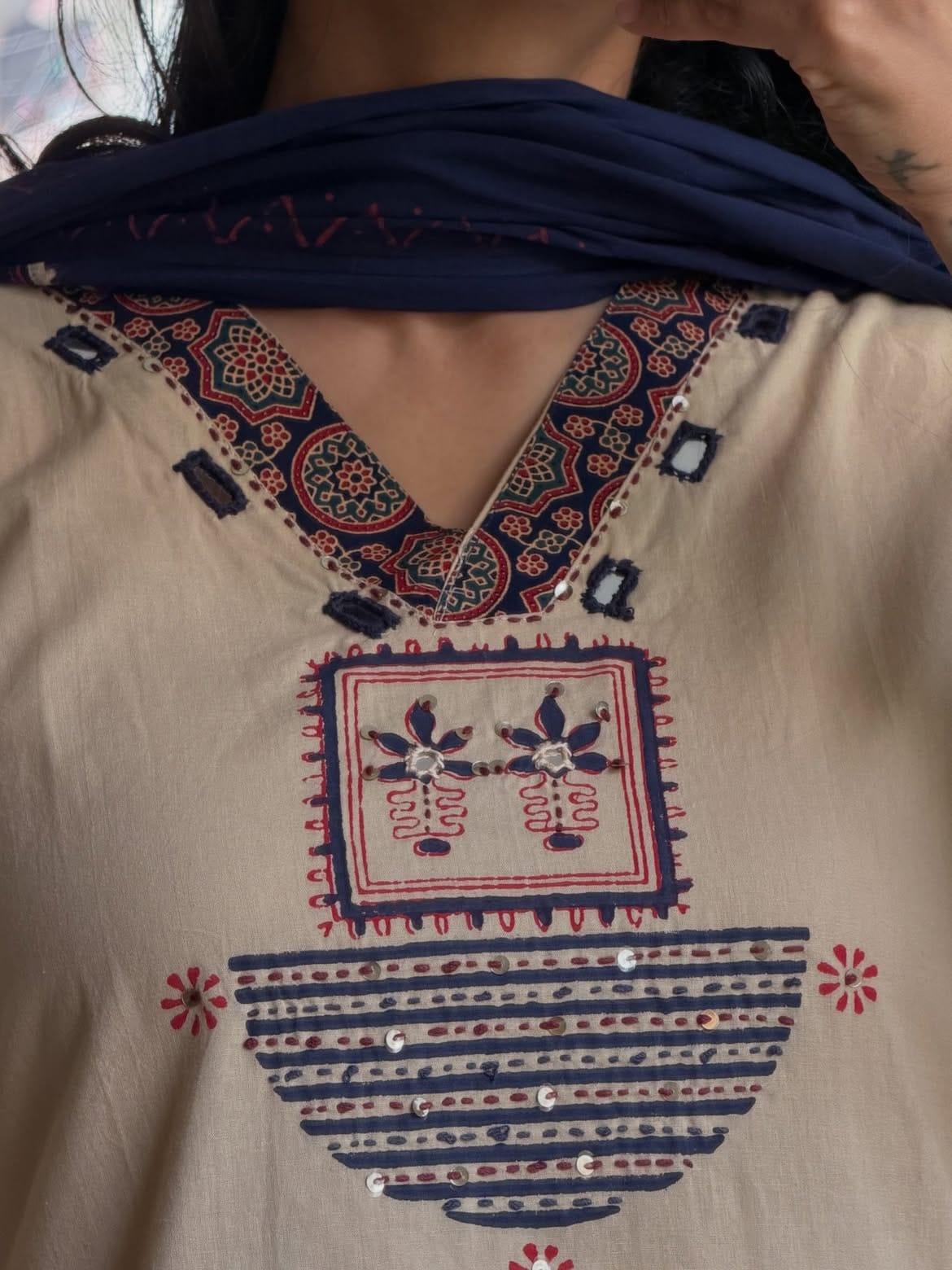 Beige Embroidered Straight Kurta with Printed Palazzo & Dupatta Set