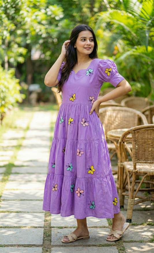 Whimsical Purple Butterfly Embroidered Tiered Maxi Dress with Puff Sleeves