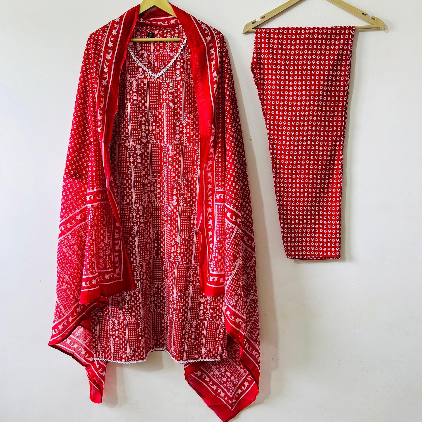 Festive Red: Premium Cotton Straight-Cut Kurta Set with Bandhej-Inspired Print & Dupatta