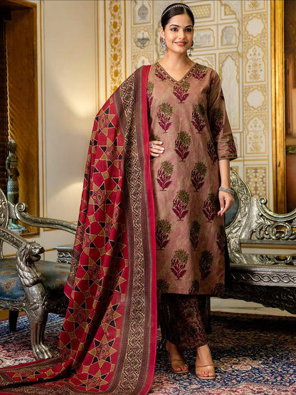 Elegant Mauve and Maroon Floral Block Print Kurta Set