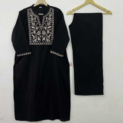 Midnight Noir: Black Straight Kurti Set with White Thread Embroidery